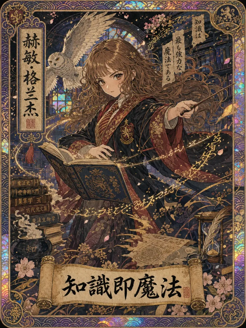 自由扩展示例：用赫敏·格兰杰验证真人影视角色也能被重新诠释为和风收藏卡 输出图