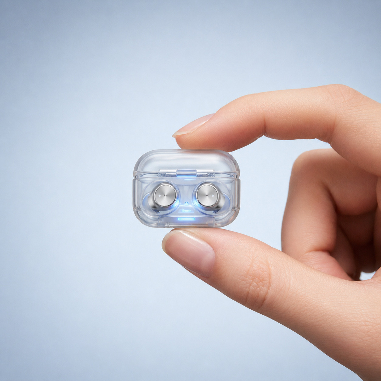 用透明蓝牙耳机充电盒测试透明材质、科技产品高光和手持比例关系。