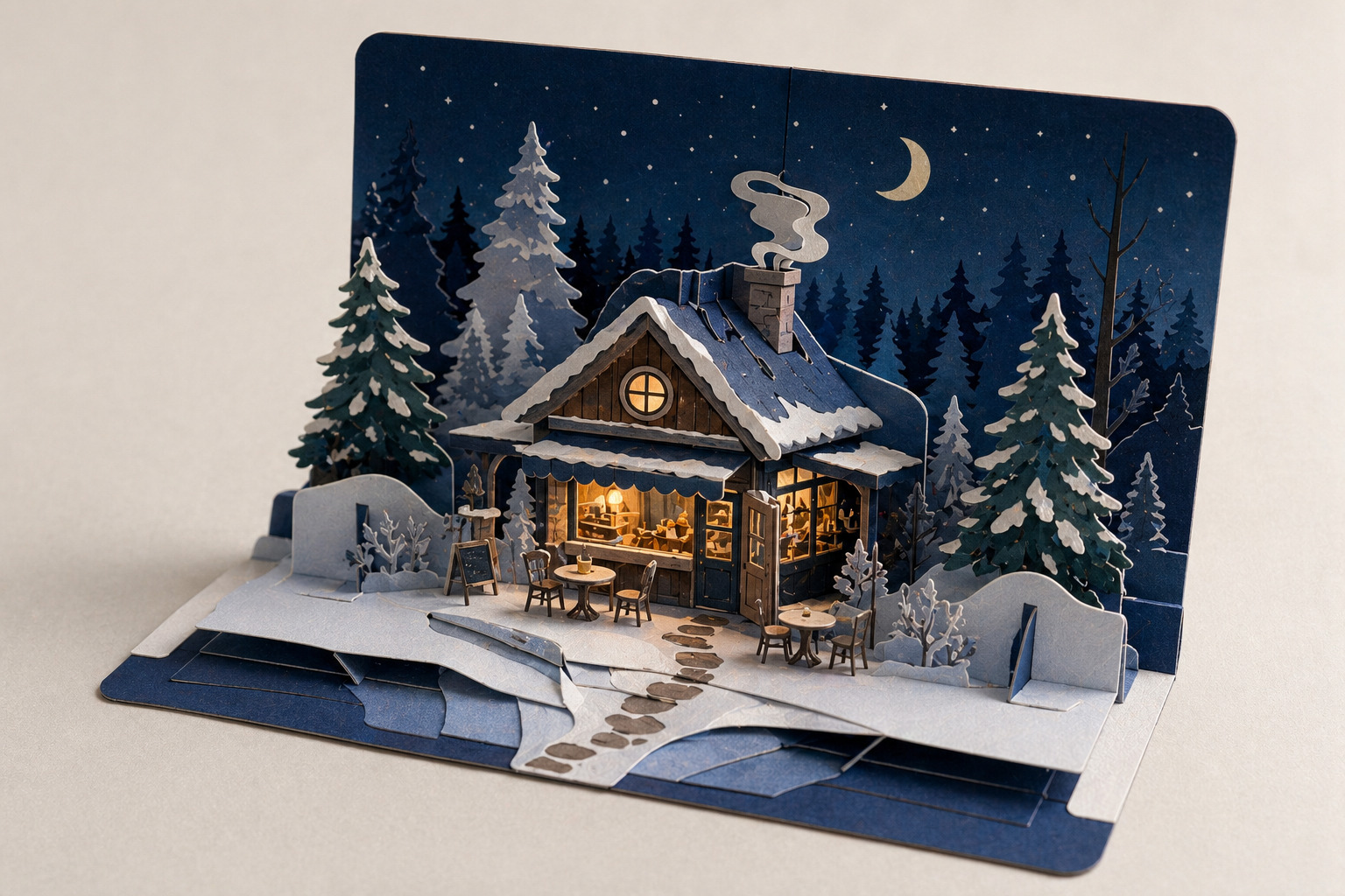 验证雪夜建筑、森林层次和冷暖光在纸艺折叠卡中的呈现。