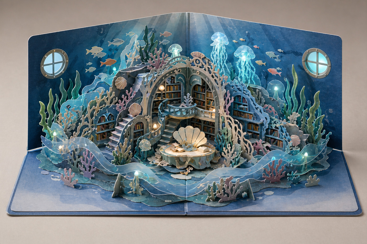 验证水下空间、半透明纸材和发光层次的迁移效果。