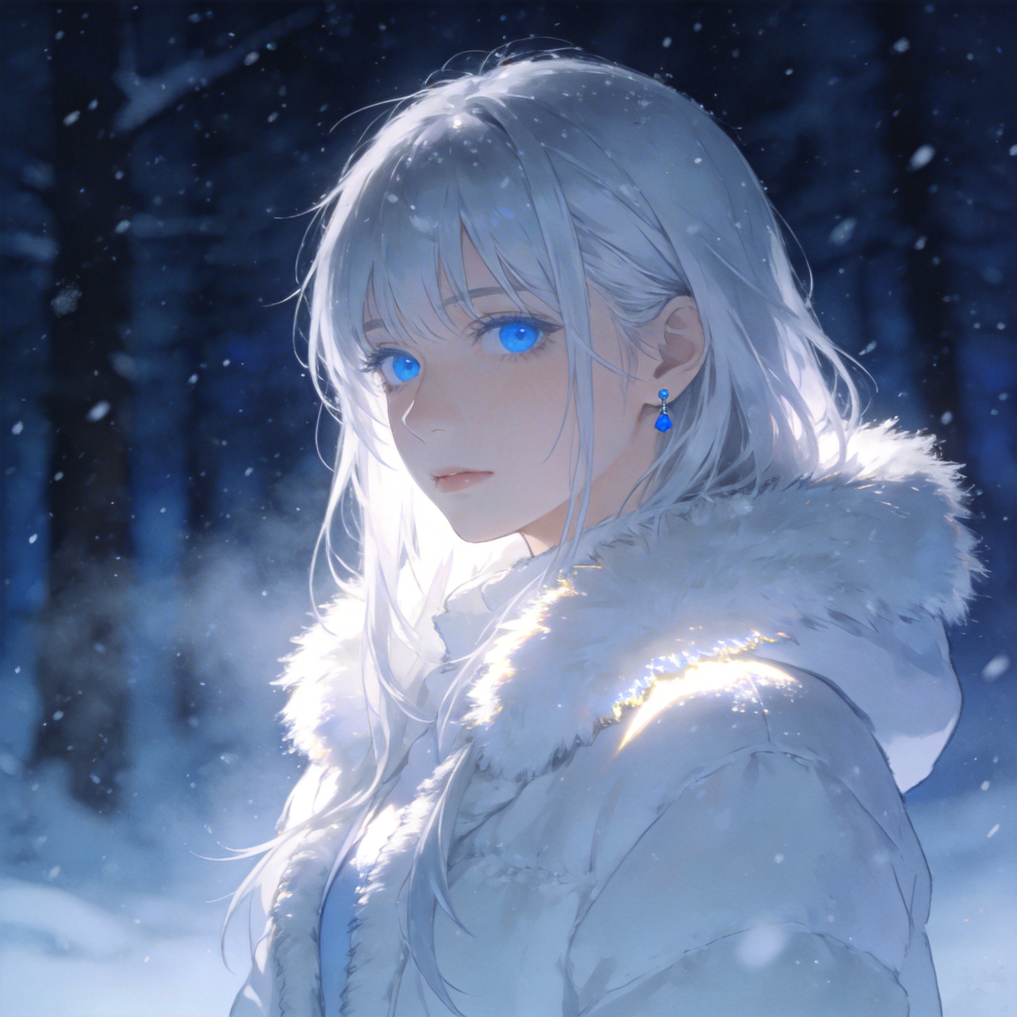 冷蓝雪夜逆光电影近景肖像风