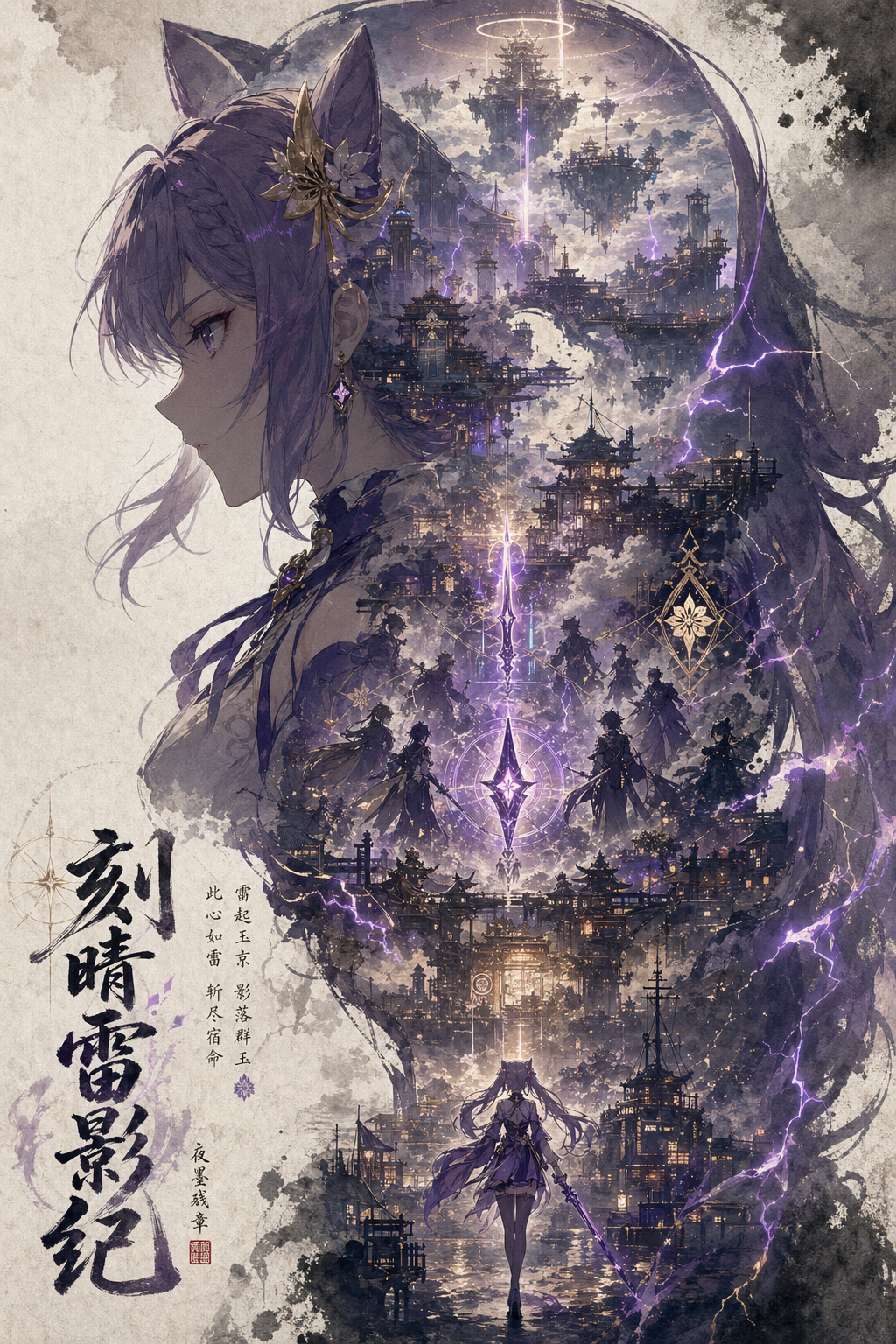 迁移示例，把原神刻晴主题放进同一海报结构，测试模板能否脱离古典修仙题材。