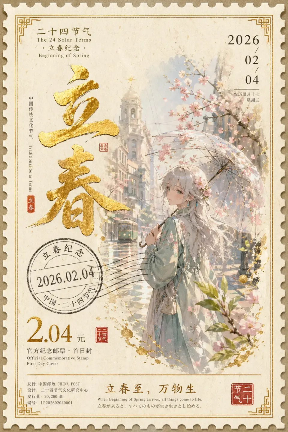 Representative example: Beginning of Spring as a vintage Chinese stamp poster with warm ivory paper and gold-foil inscription.