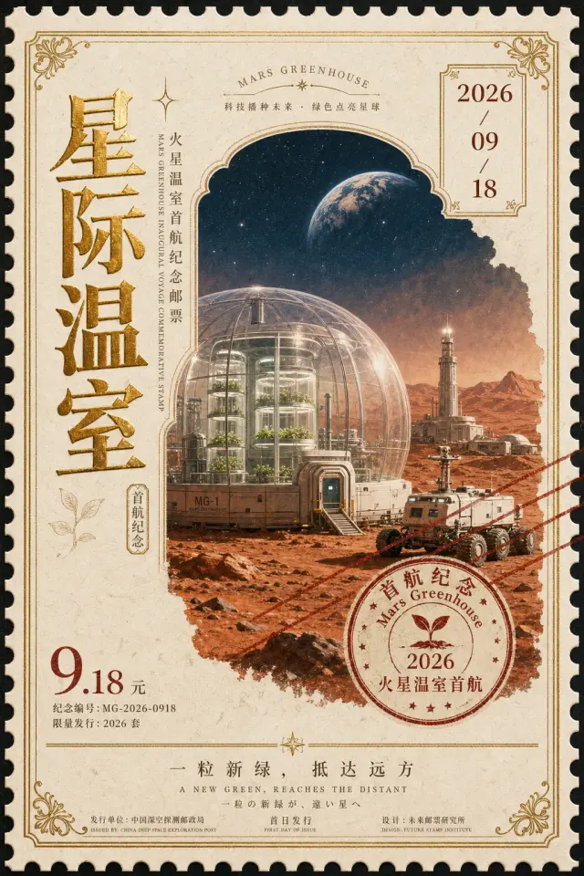 Extension example: a Mars greenhouse maiden voyage as a science-fiction commemorative stamp.