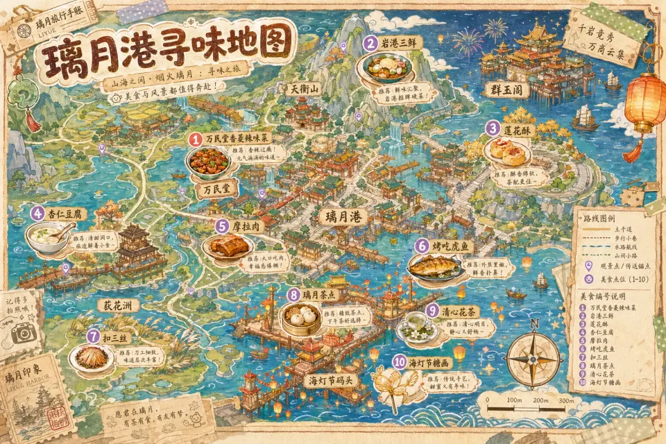 璃月主题，用来验证幻想世界和角色相关美食是否仍能形成清晰地图。 输出图