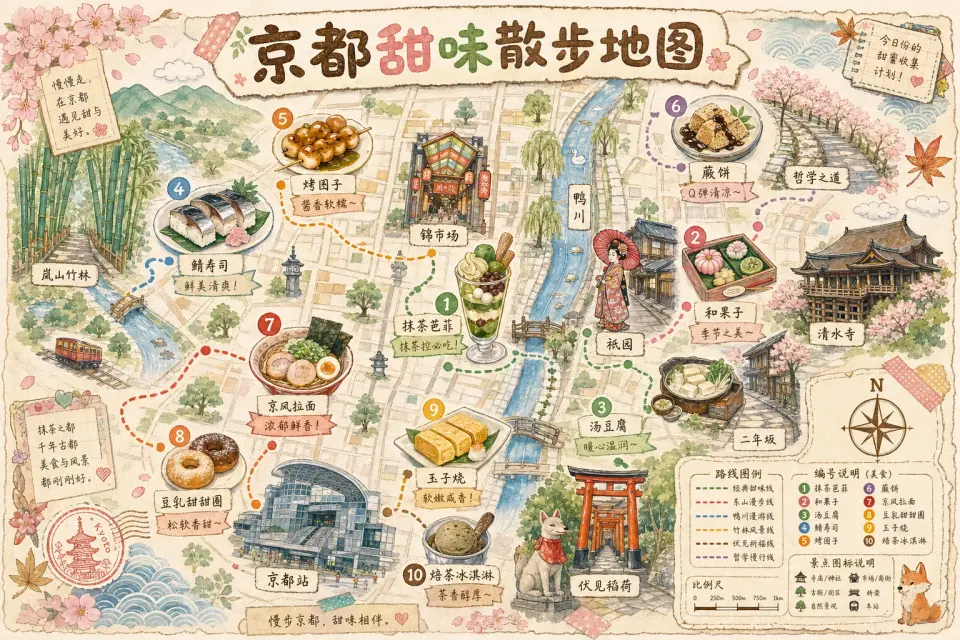 京都主题，用来验证街巷、神社、市场、甜品和旅行手账装饰能否组合成差异化美食地图。 输出图