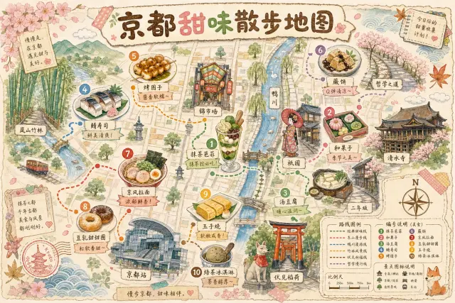 扩展示例，把京都做成温柔水彩甜味散步地图，验证模板对另一种城市气质和食物结构的适配。