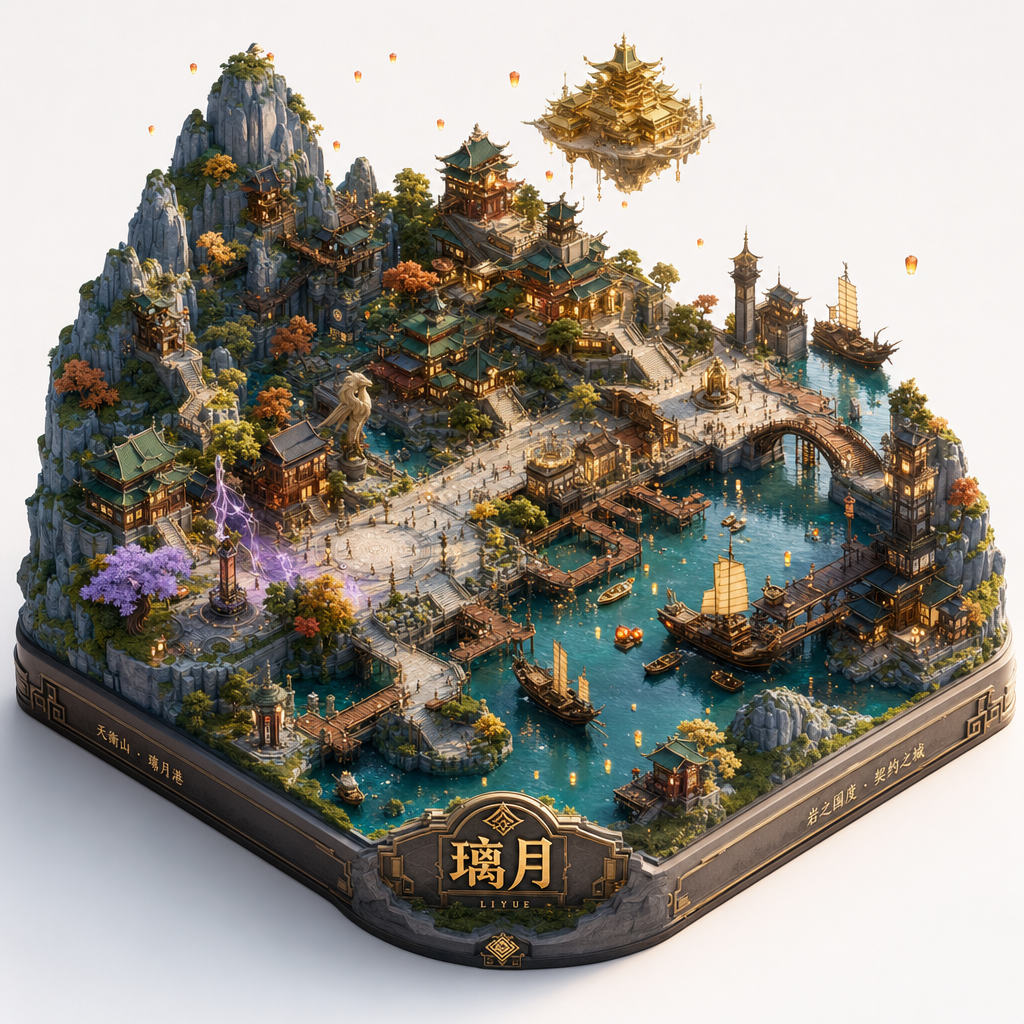 迁移示例，把璃月港做成奇幻微缩浮岛，验证模板能否适配幻想地点。