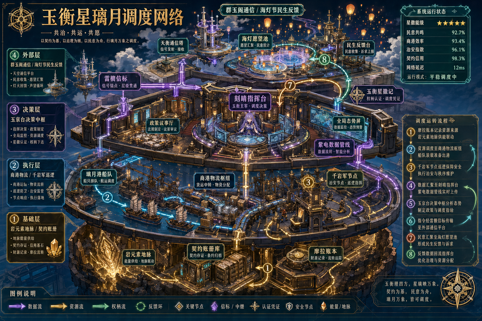 迁移示例，把刻晴治理璃月的调度系统做成幻想系统剖面，验证模板能否离开真实技术产品。