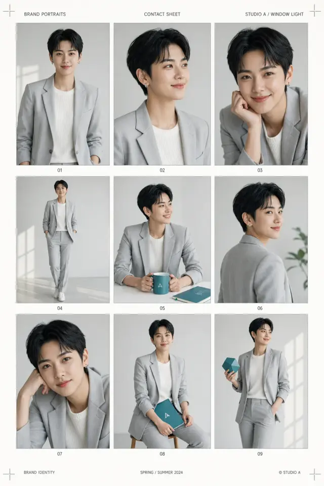 代表性示例，把原创品牌虚拟人做成 3x3 编辑摄影 contact sheet。