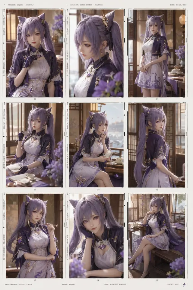 迁移示例，把刻晴日常主题做成非成人化、非性感化的九宫格写真样片。