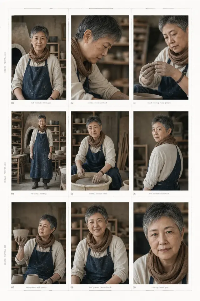 扩展示例，把成熟陶艺师做成工艺品牌 contact sheet，验证模板对非年轻、非精致偶像角色的适配。