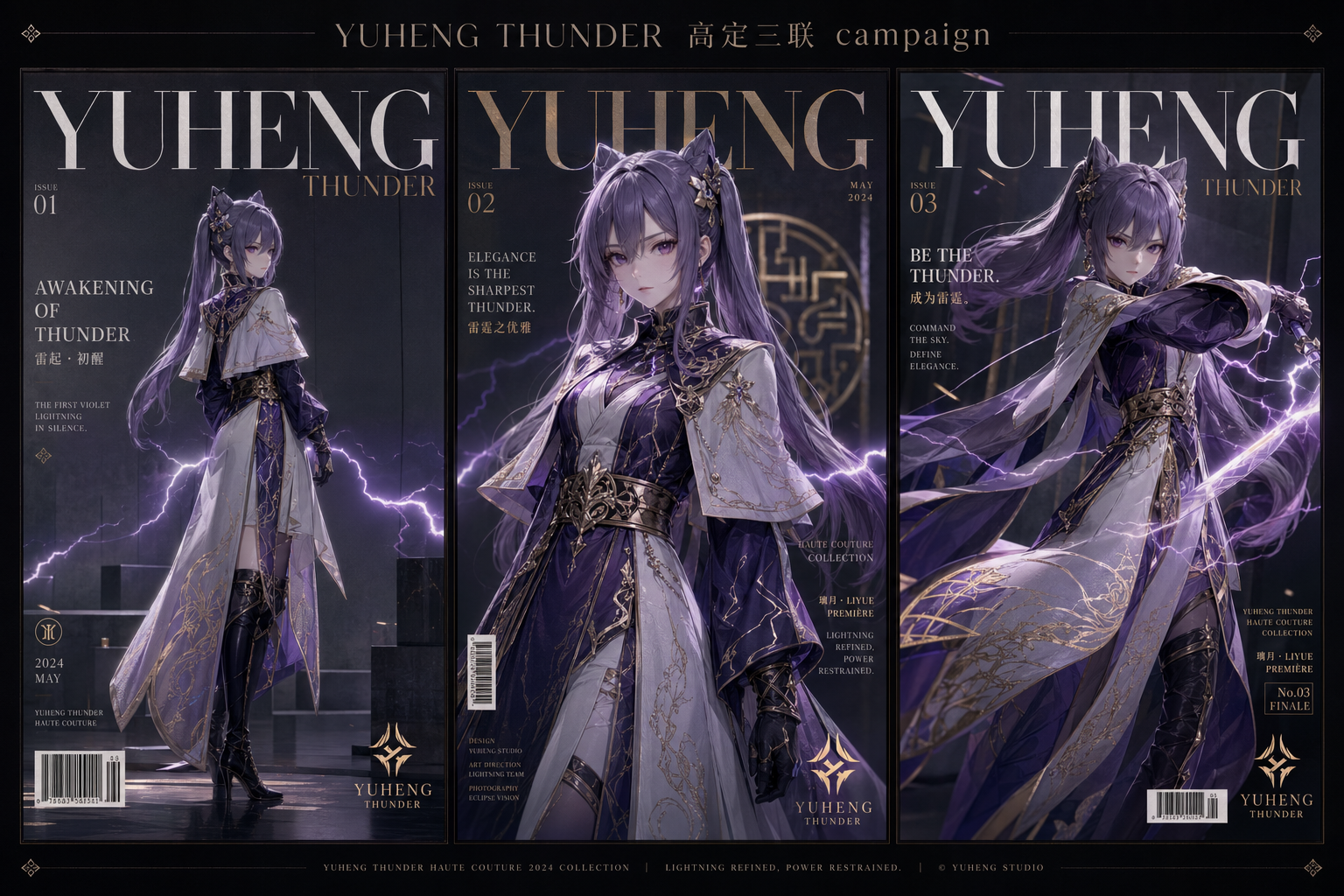 迁移示例，把刻晴紫雷高定主题做成统一视觉系统的三联海报。