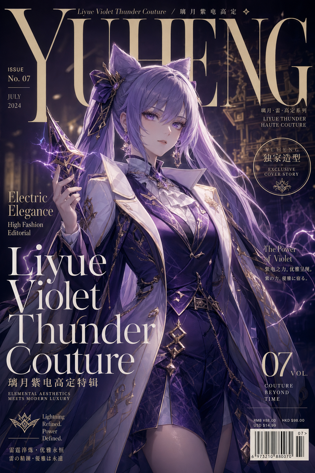 迁移示例，把刻晴主题做成璃月紫电高定 editorial magazine cover。