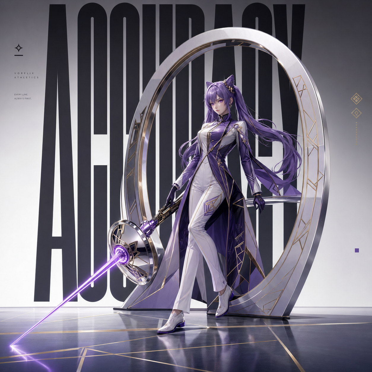 原神主题迁移示例，把刻晴气质转译为雷元素击剑高定运动广告。