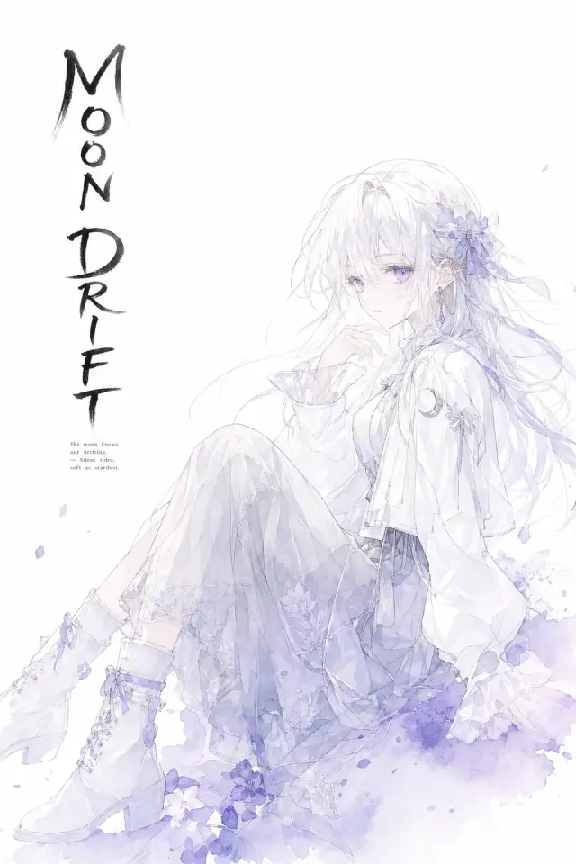 代表性示例，把原创白发少女做成白底透明水彩角色海报。