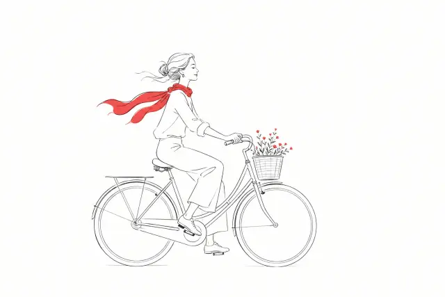 代表性示例，把骑自行车的日常人物变成大留白、细线稿和红色局部点缀的生活方式插画。