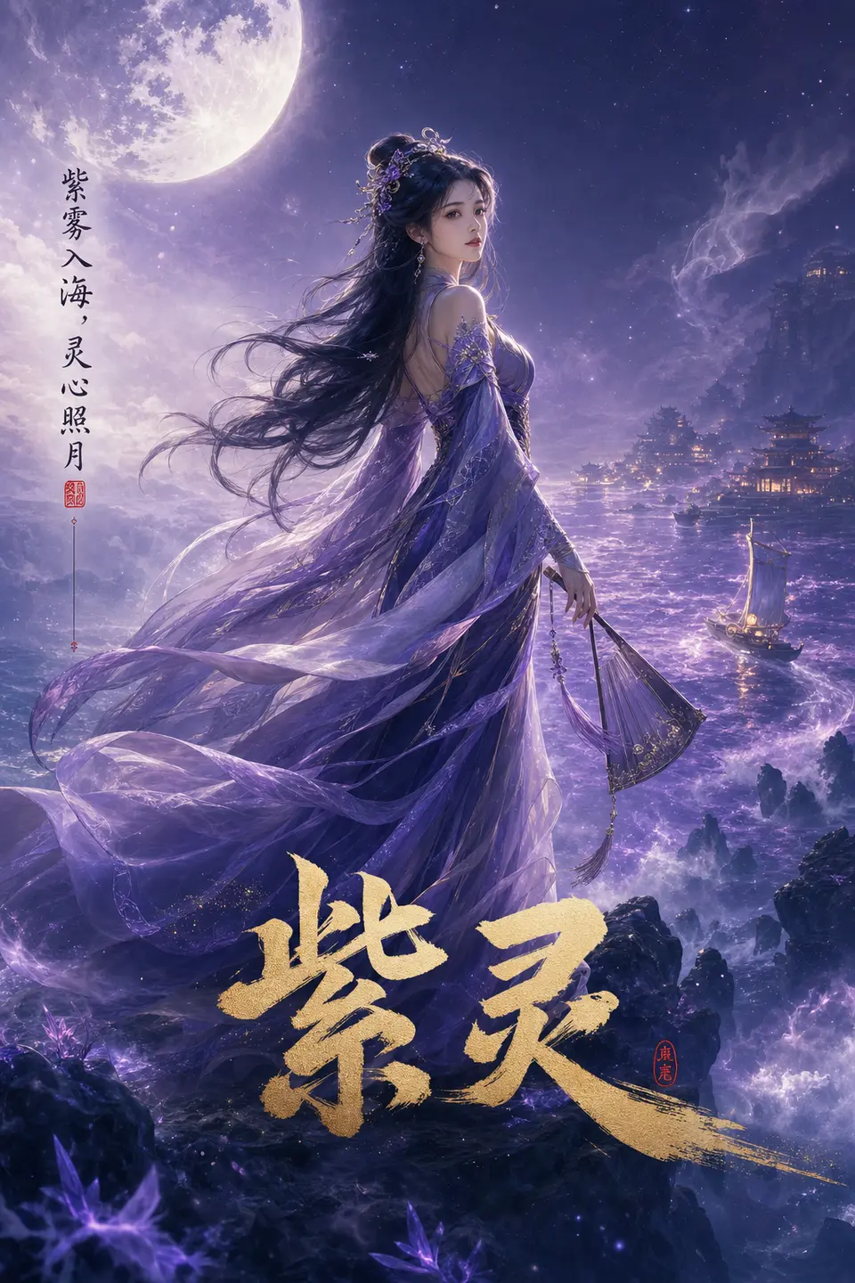 A Zi Ling example from A Record of a Mortal's Journey to Immortality for moonlit sea mist, elegance, and cultivation-fantasy atmosphere. output image