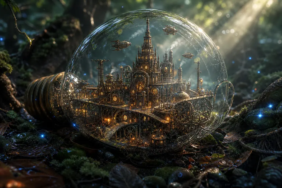 Source case: a steampunk city sealed inside a partially shattered vintage bulb on a glowing mossy forest floor.