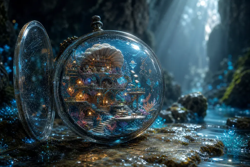An underwater-library extension example for glass pocket-watch dome, cave water, cool blue bioluminescence, and non-city spatial structure. output image