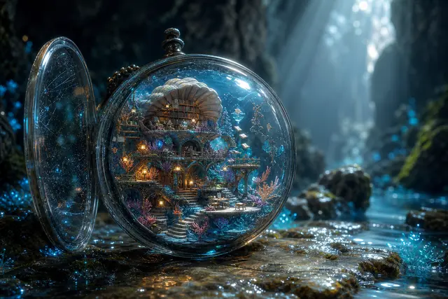 Extension case: an underwater library inside a glass pocket-watch dome, testing a non-city fantasy space.