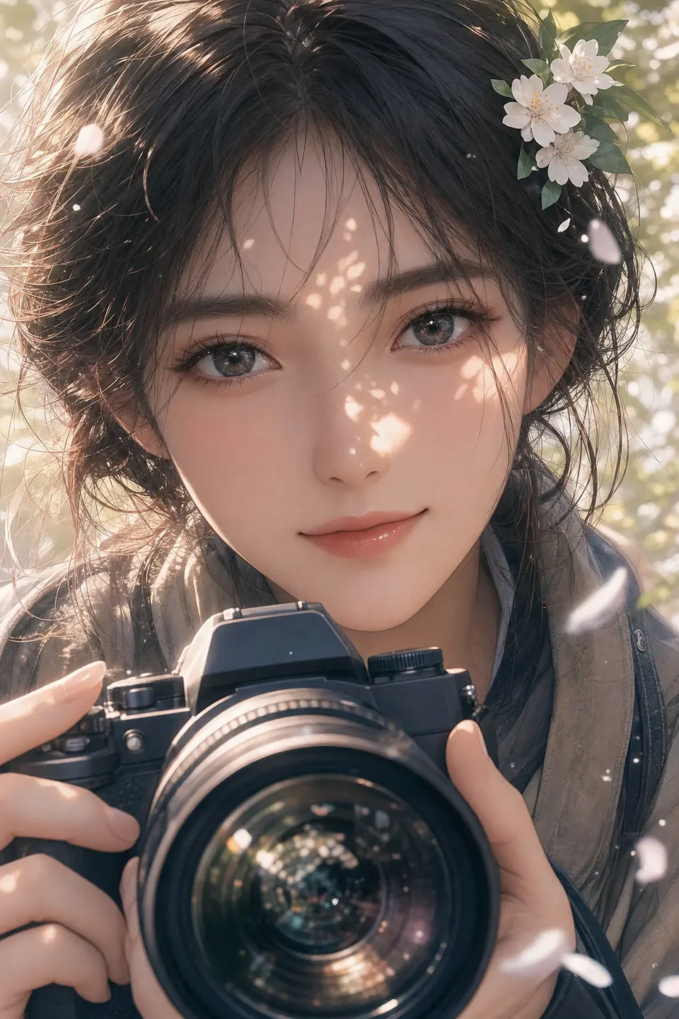 Source case: a spring photographer where the face is primary and the camera lens sits in the lower foreground, with direct gaze, petals, and dappled sunlight.