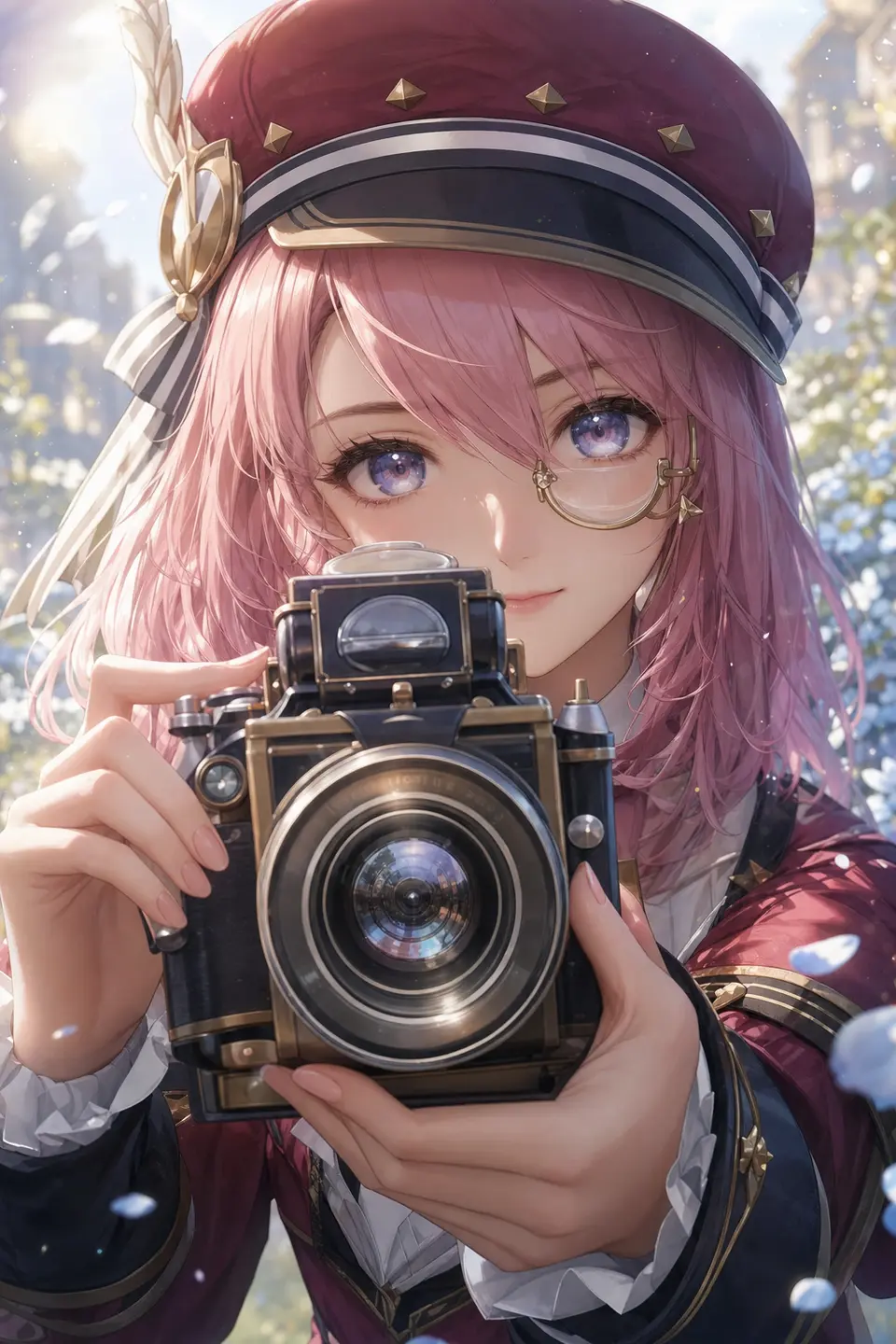 Genshin Charlotte transfer example for recognizable IP identity, journalist role, Fontaine camera, and garden morning light. output image
