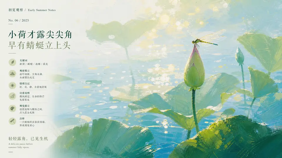 Source reproduction: a clear morning lotus pond, dragonfly, and left-side infographic layout for the Chinese poem line.