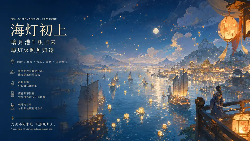 Liyue Lantern Rite transfer example for a recognizable fantasy harbor while avoiding leakage from lotus-pond imagery. output image
