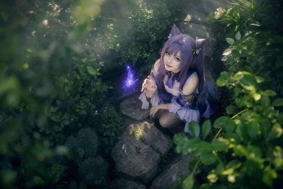 Genshin Keqing transfer case for translating a known character, elemental mood, and fantasy companion into realistic cinematic photography. output image