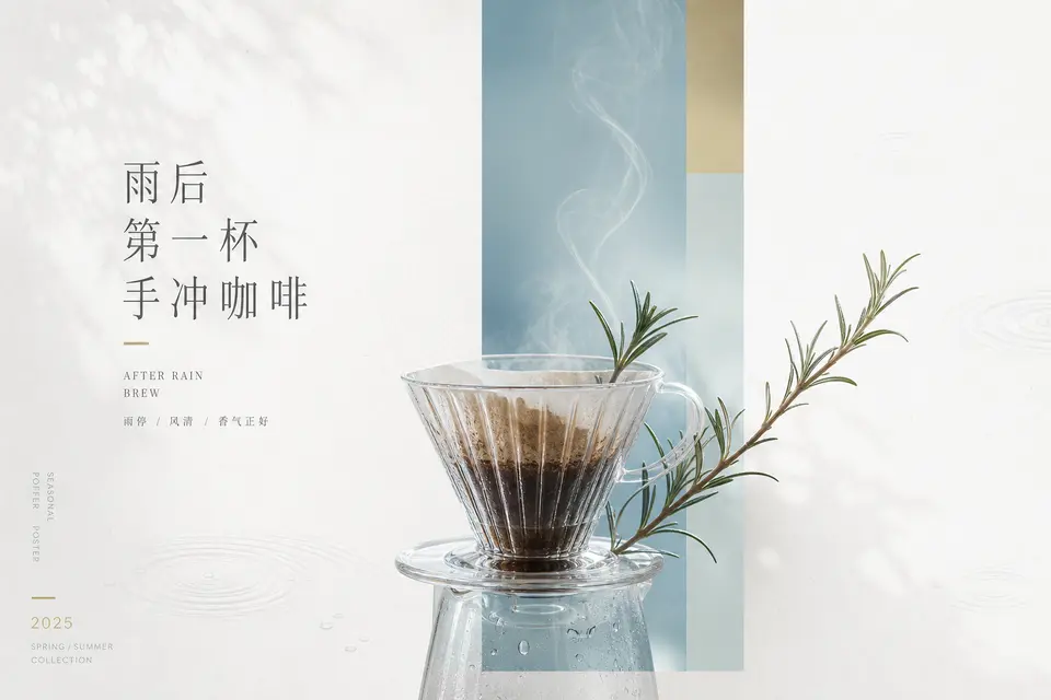 精品咖啡扩展例，强调玻璃滤杯、蒸汽、品牌海报语气和真实产品质感。 输出图