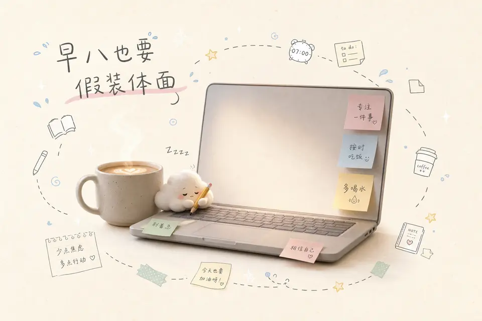 早八文案扩展例，强调拿铁、笔记本电脑、小云朵和轻松自嘲语气。 输出图