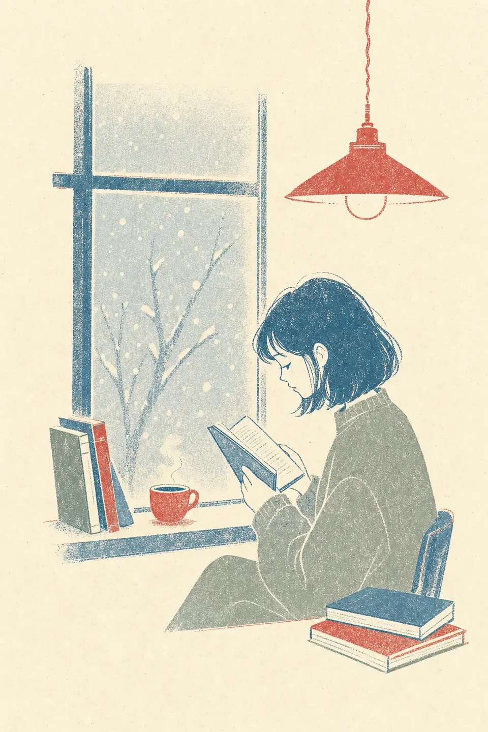 Free extension case testing a quiet indoor reading scene in the same printmaking language. output image