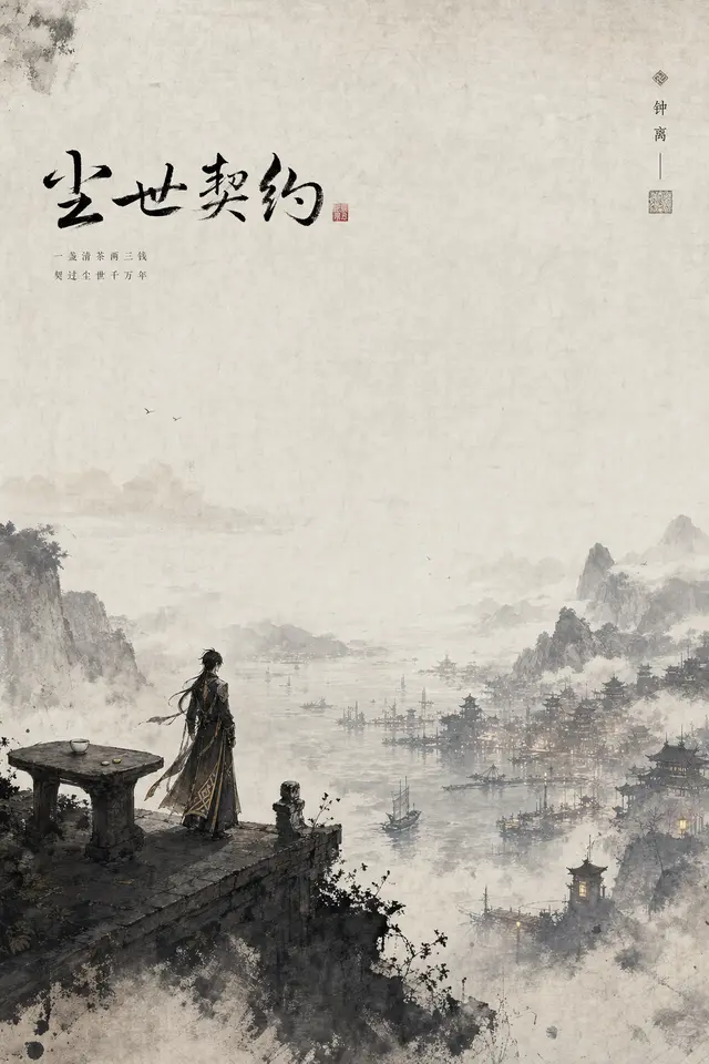 Genshin Zhongli transfer case for preserving recognizable character and Liyue world signals through an oriental poster language.