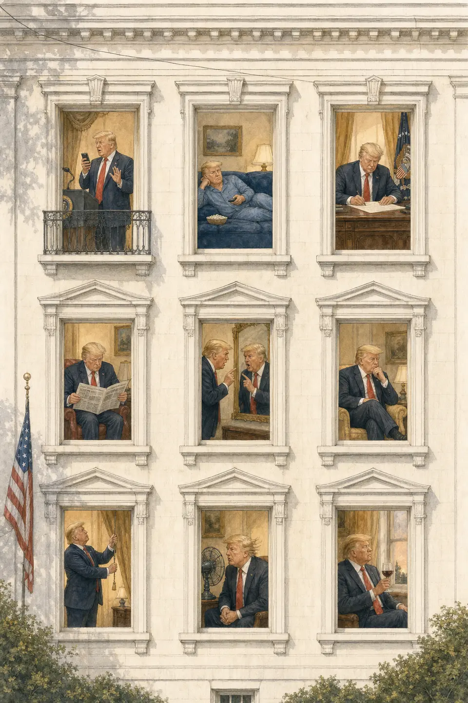 Source-theme reproduction case, testing whether a political figure and official residence can become nine softly satirical window moments.
