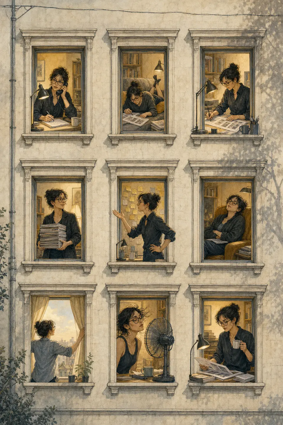 Free extension example with a late-night magazine editor in an old apartment building. output image