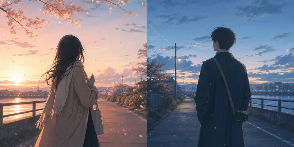 Source-theme reproduction, testing Japanese literary long-shot backs, avatar crops, and quiet paired atmosphere.