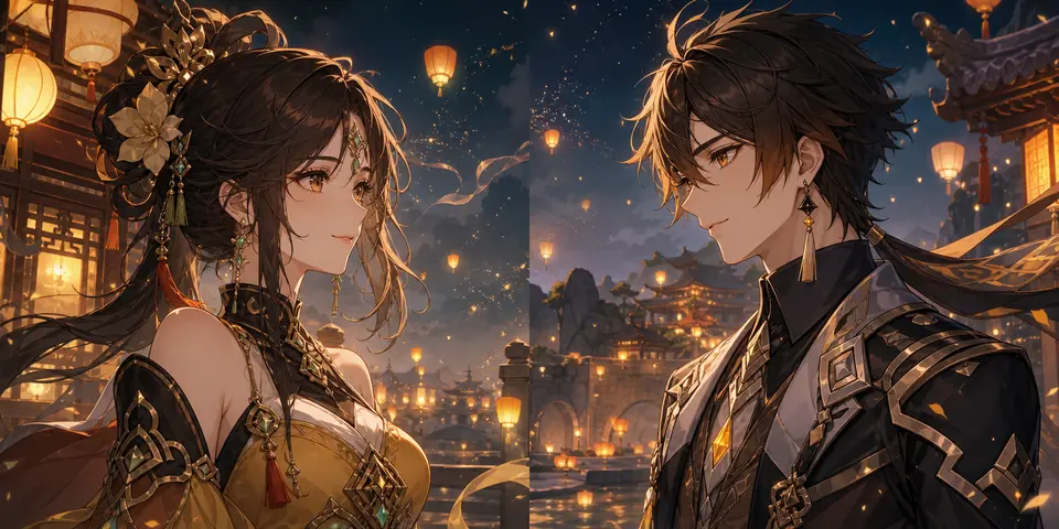 Genshin transfer example using Liyue Lantern Rite world cues, closer avatar subjects, and a clear left/right crop boundary. output image