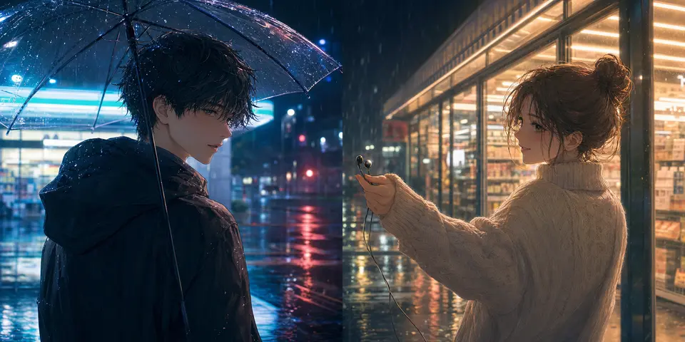 Free extension example using a rainy convenience-store interaction to test action, lighting, and couple atmosphere. output image
