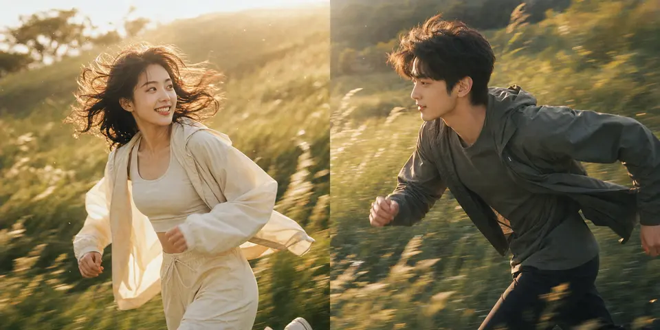 Dynamic extension example using filmic grass-field running to test a toward-each-other couple relationship, motion blur, and lifestyle snapshot mood. output image