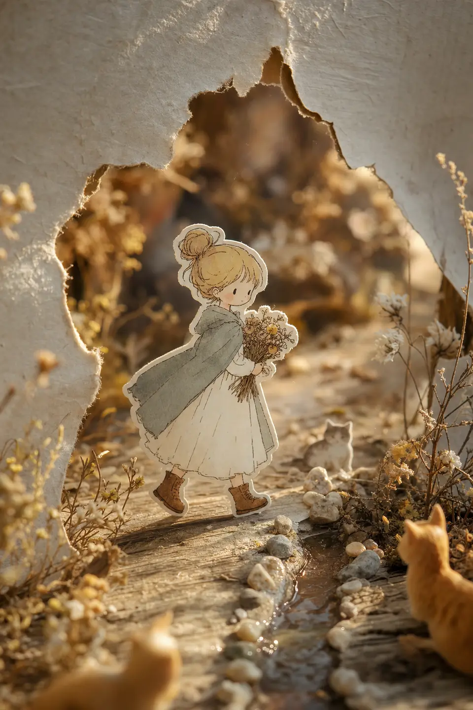 A torn-paper path example testing the paper doll, torn edge, flowers, cats, and scale contrast.