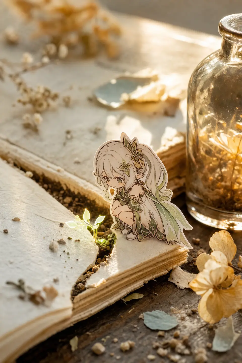 Genshin transfer with a Nahida paper doll, thick paper book pages, and a glowing sprout. output image