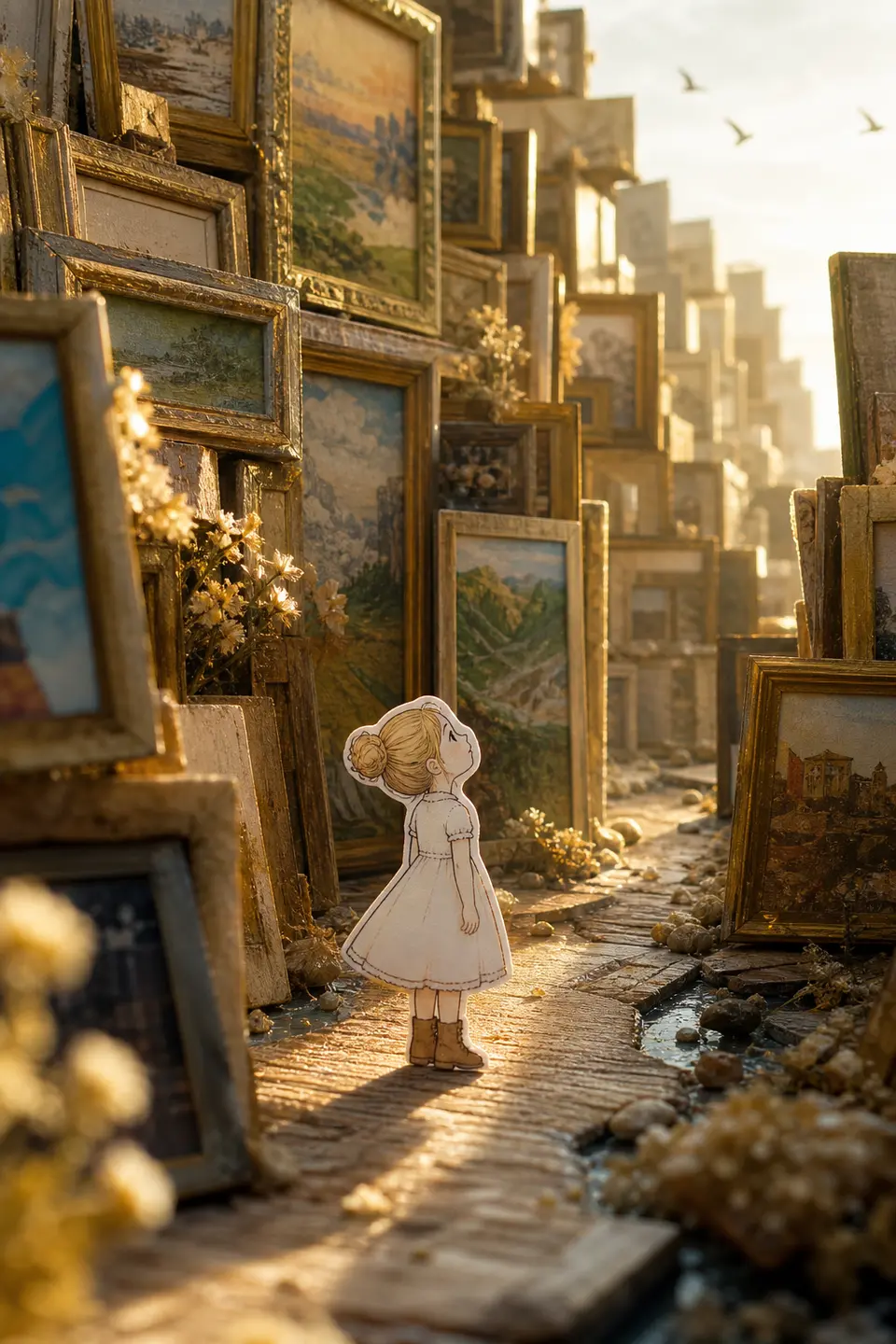 Free extension with a street built from old picture frames and canvases. output image