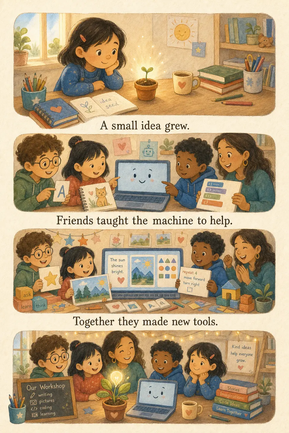 An OpenAI story example testing whether a technology topic can become a gentle, readable children's book page.