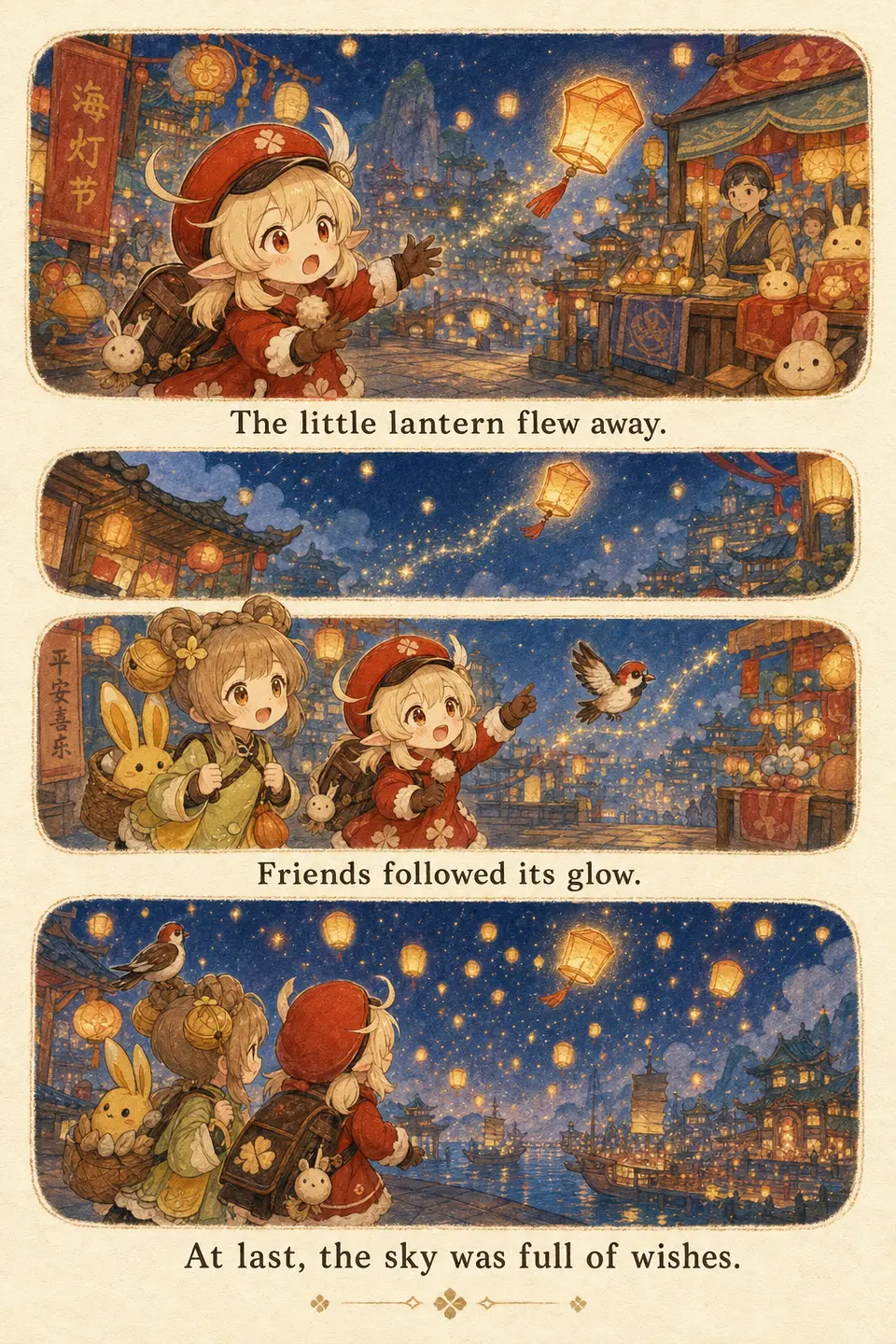 Genshin transfer using Klee, Yaoyao, and Liyue Lantern Rite to test IP world cues in storybook form. output image