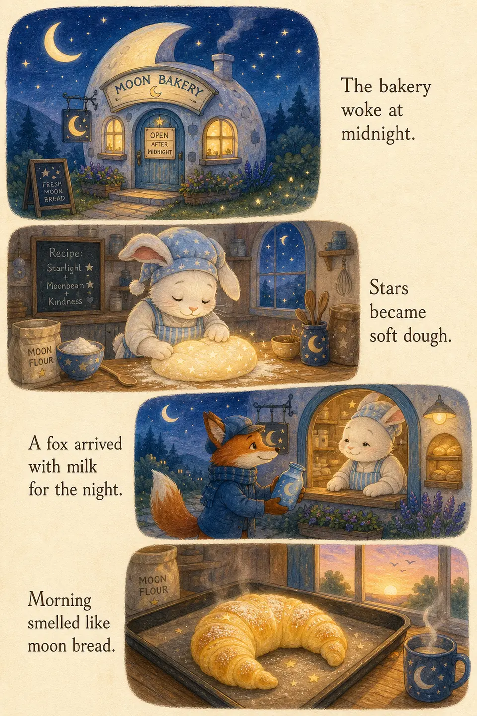 Free extension using a moon bakery bedtime story to test original multi-panel page storytelling. output image
