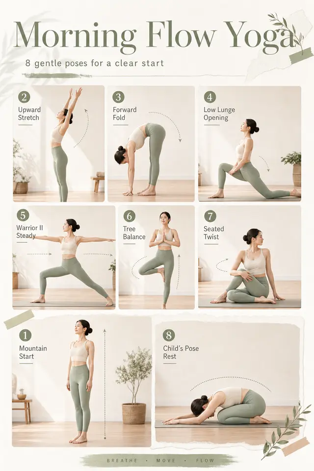 Yoga source-case reproduction testing whether one instructor can stay consistent across motion cards and a course-poster layout.