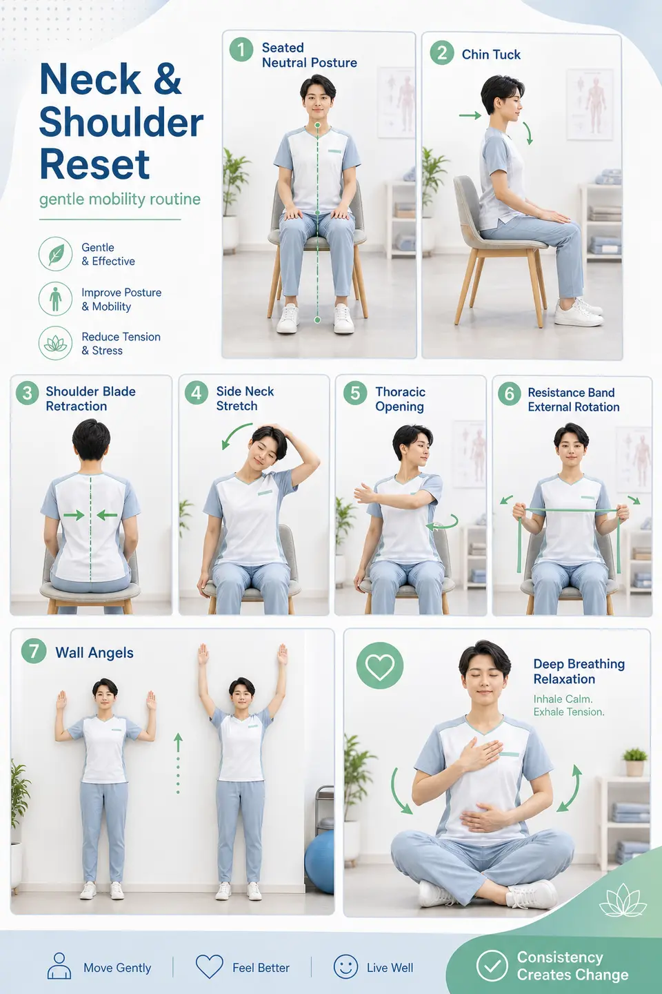 Free extension using a neck and shoulder mobility routine to test calm, trustworthy instructional layout. output image