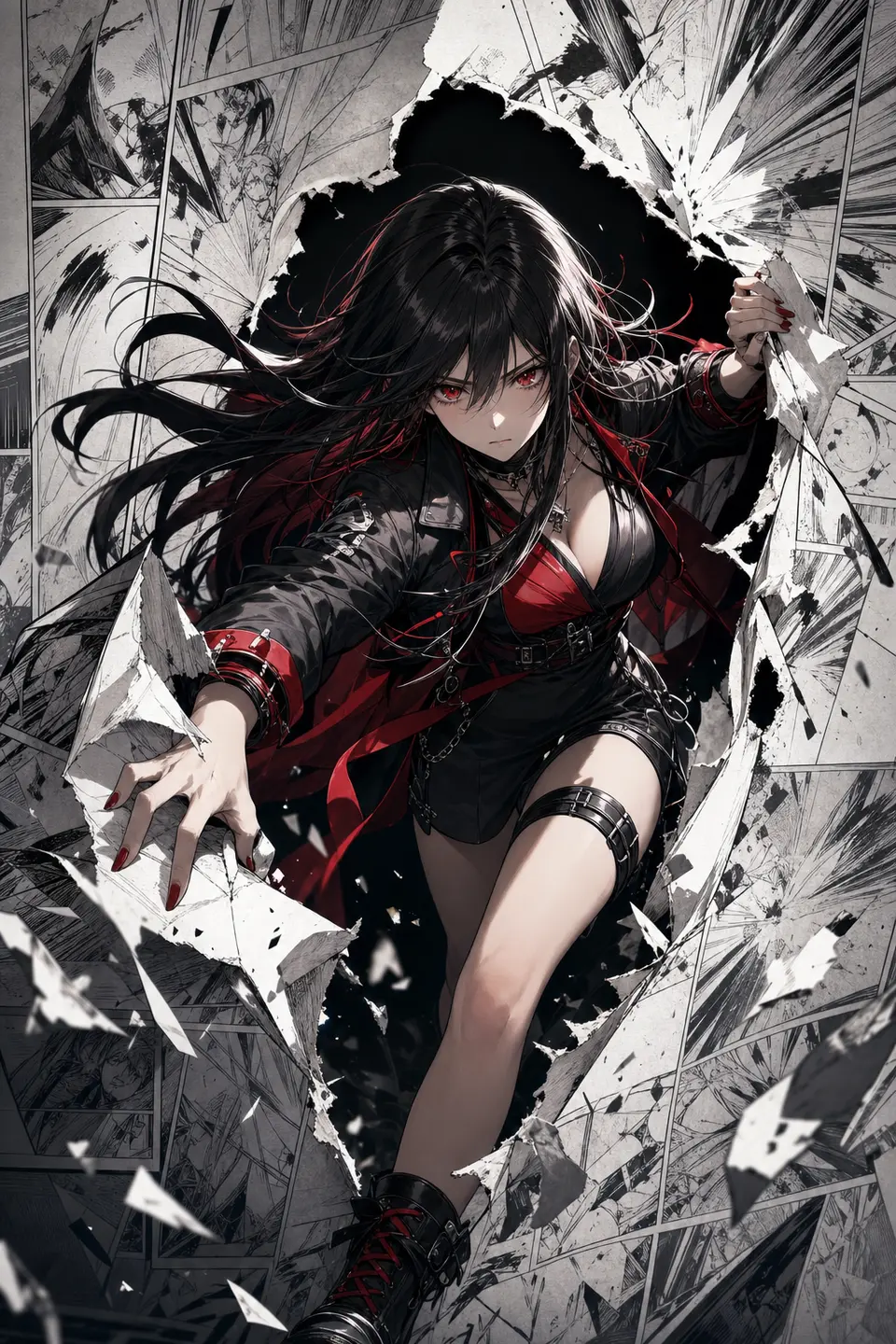 Manga source-style example testing the dimensional impact of a black-and-white panel wall with a full-color character foreground.