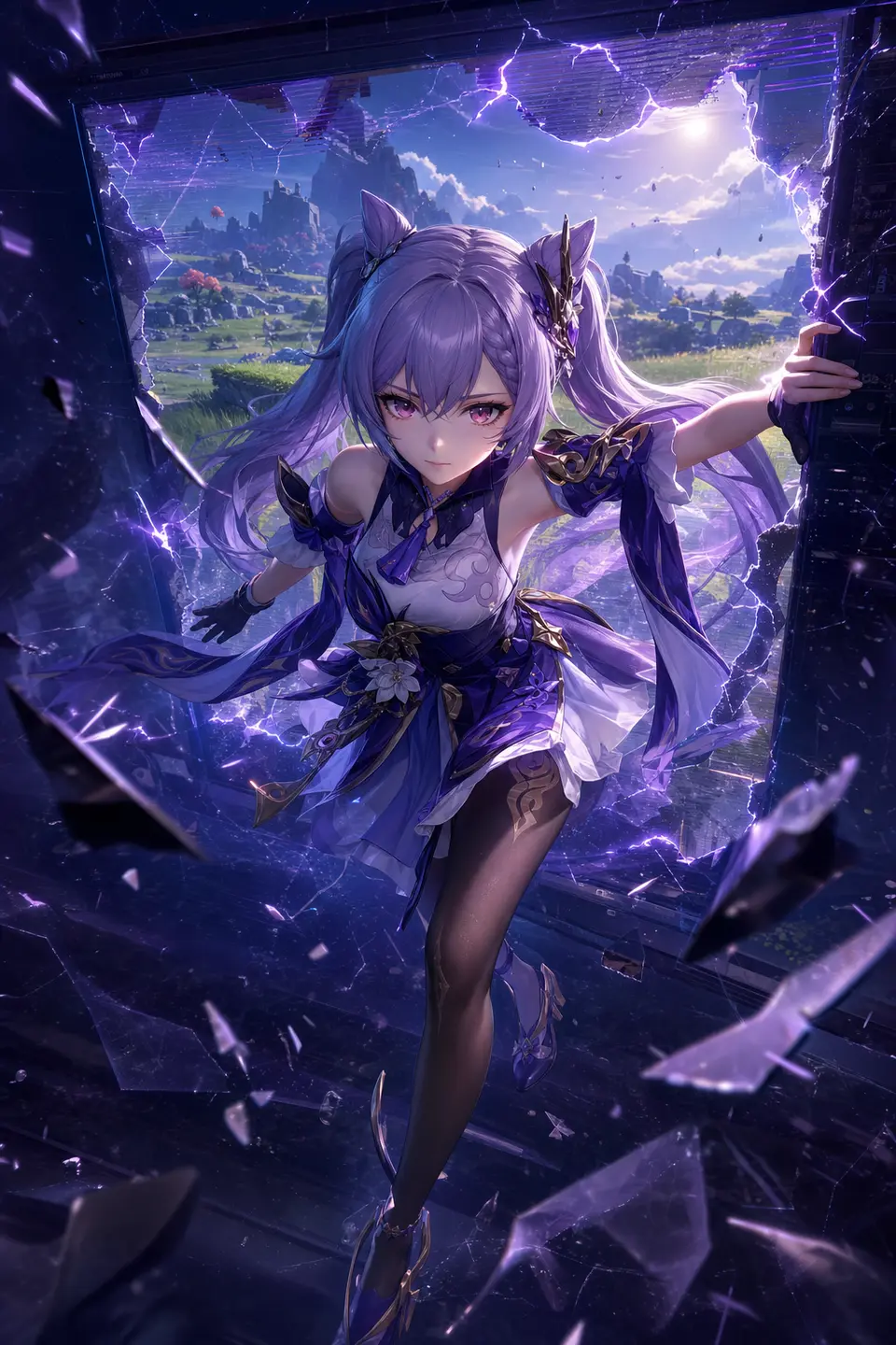 Genshin transfer example where Keqing breaks out of an open-world game screen. output image